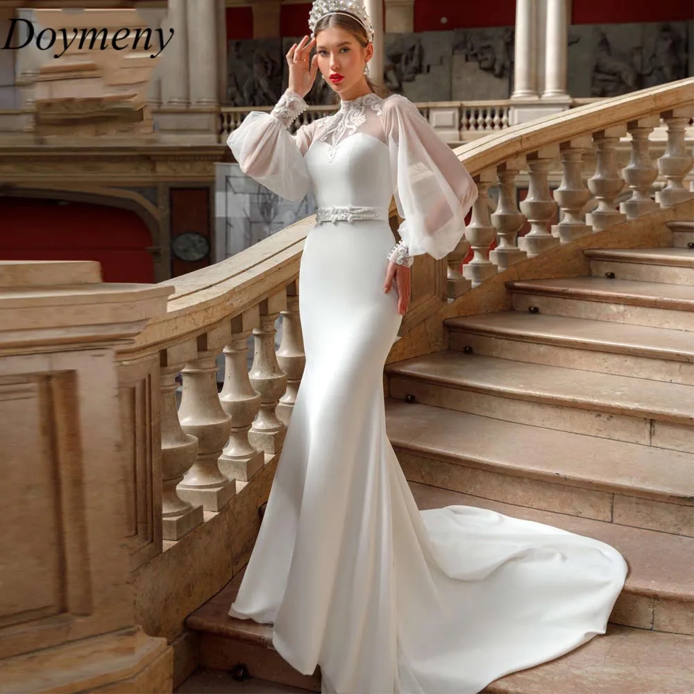 Gown Wedding Dresses Bridal Gowns Sheer Jewel Neck Lace Appliqued Sequins Plus Size Robe De Mariee Custom Made 01