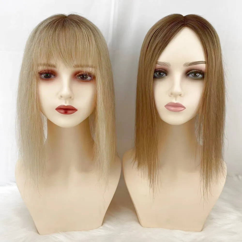 Bangs Brown Blonde Ombre Remy Human Hair Women Topper With Fringe #460 Two Tone Fine Hair Pieces Overlay Air Bangs 14inch 4X5.5inch 231006