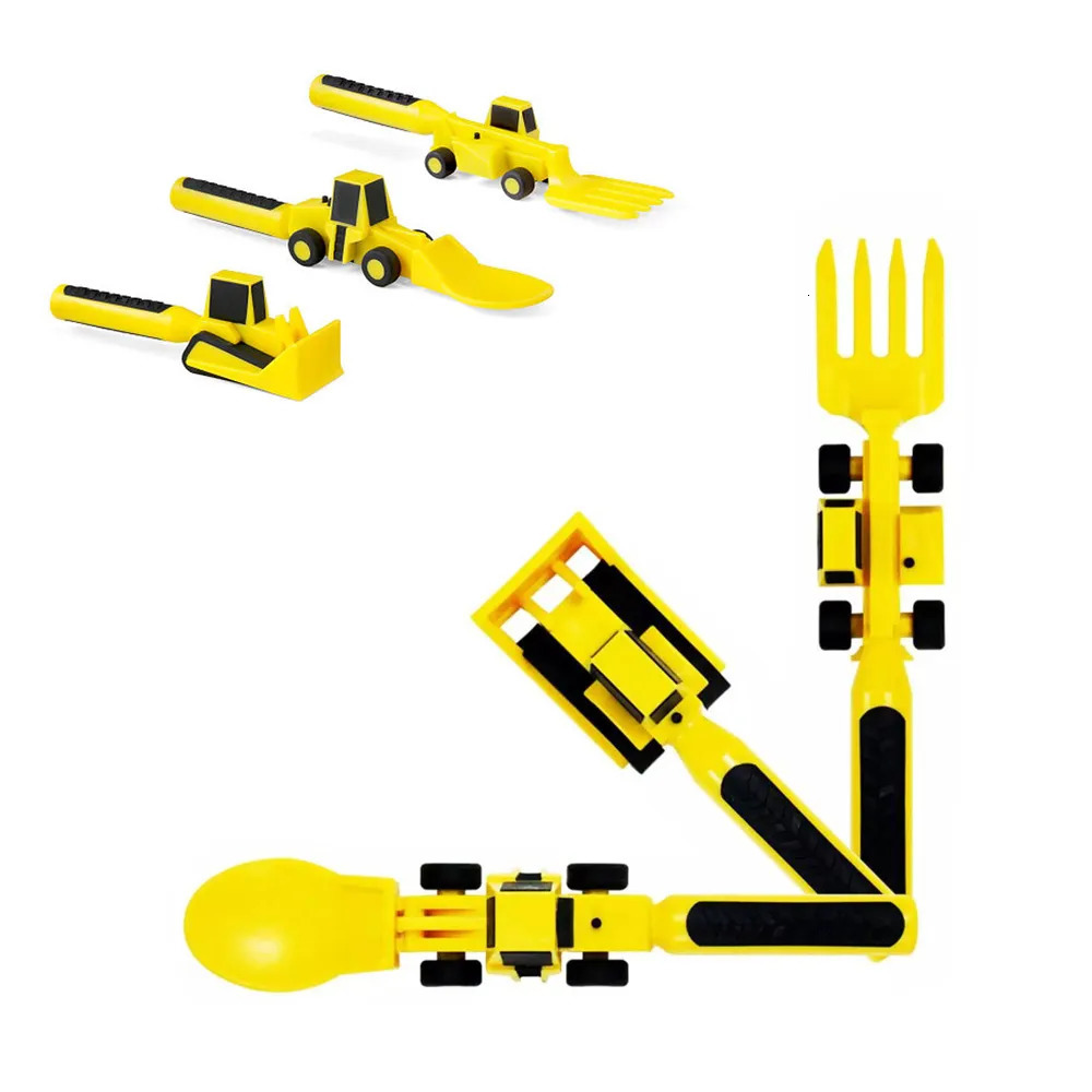 Cups Dishes Utensils 3Pcs Kids Tableware Set Children Cutlery Bulldozer Excavator Shovel Baby Spoon Dining Fork Food Utensils Constructive Eating 2310