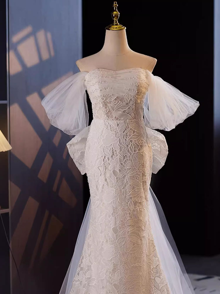 Sexy Mermaid Wedding Dresses Lace Bridal Gowns Strapless Lace-up Back Big Bow