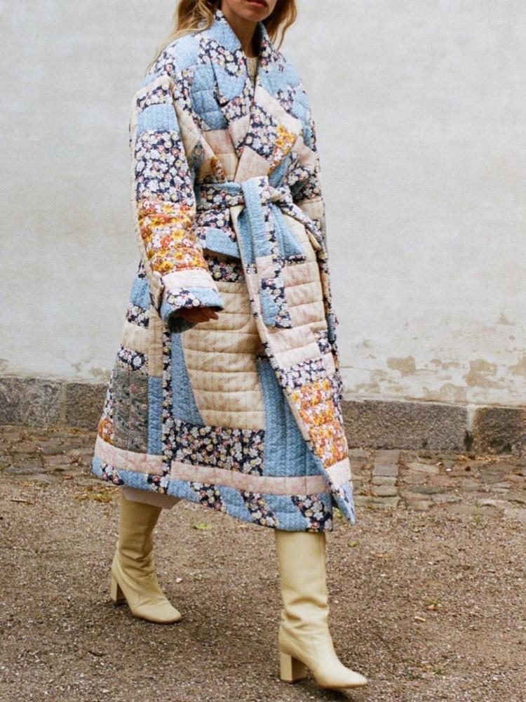 Womens Trench Coats Printed Floral Long Cotton Coat Women With Belt Thicken Warm Jacket Winter Fashion Female Sleeve Street Outwears