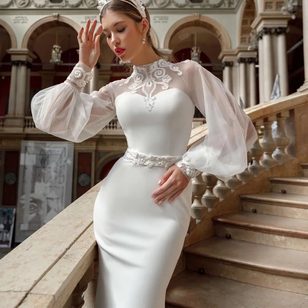 Gown Wedding Dresses Bridal Gowns Sheer Jewel Neck Lace Appliqued Sequins Plus Size Robe De Mariee Custom Made 01