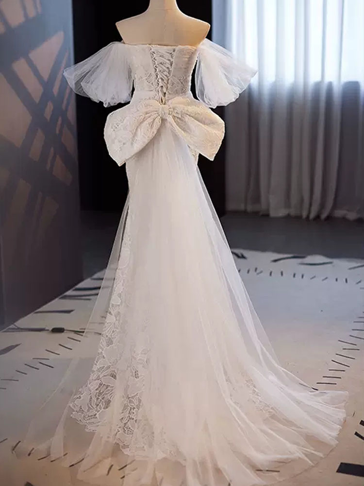 Sexy Mermaid Wedding Dresses Lace Bridal Gowns Strapless Lace-up Back Big Bow