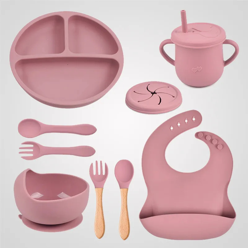 Cups Dishes Utensils 5/9Pcs Silicone Baby Feeding Tableware Set Suction Bowl Divided Plate Spoon Fork Bibs Cup Non-slip Children Dinner Dishes 231006