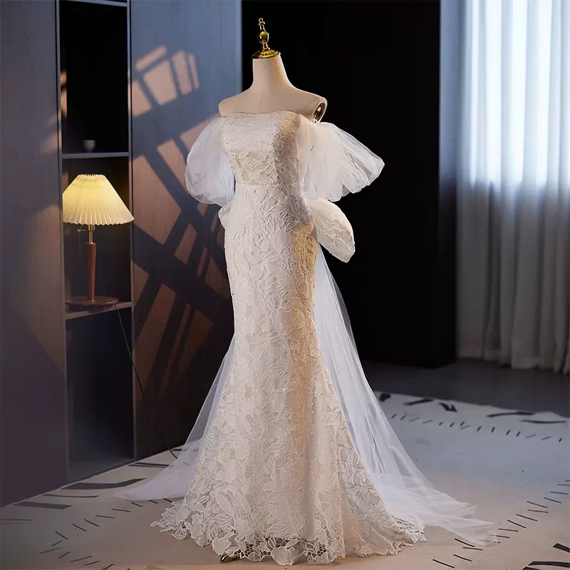 Sexy Mermaid Wedding Dresses Lace Bridal Gowns Strapless Lace-up Back Big Bow