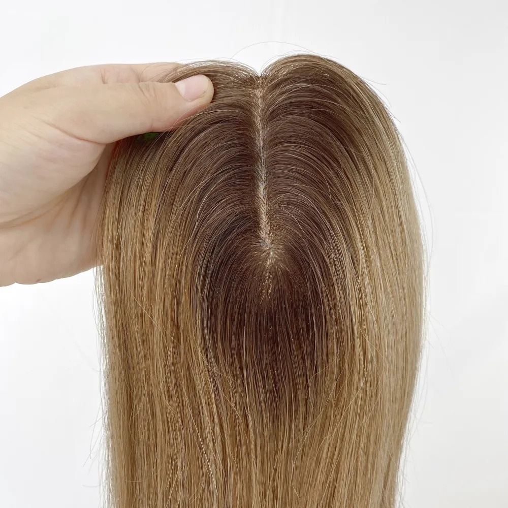 Bangs Brown Blonde Ombre Remy Human Hair Women Topper With Fringe #460 Two Tone Fine Hair Pieces Overlay Air Bangs 14inch 4X5.5inch 231006