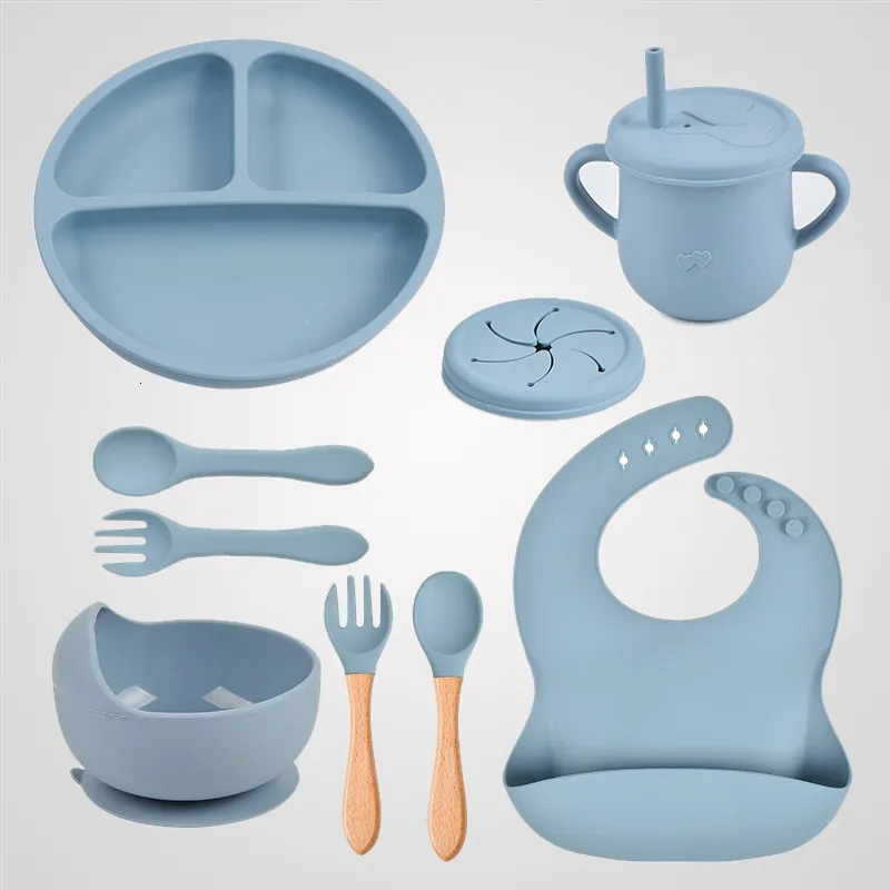 Cups Dishes Utensils 5/9Pcs Silicone Baby Feeding Tableware Set Suction Bowl Divided Plate Spoon Fork Bibs Cup Non-slip Children Dinner Dishes 231006
