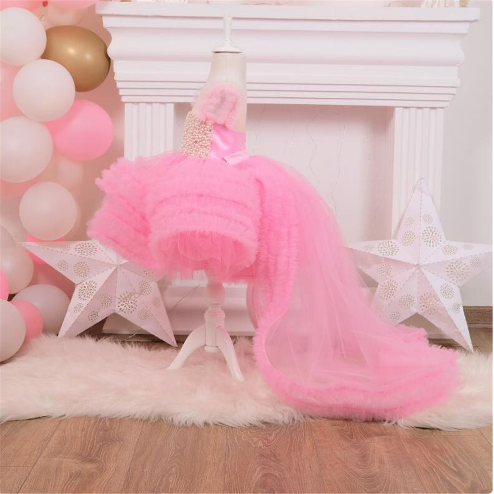 Pink Pearls Wer Dresses For Wedding New Jewel Neck Little Girl Pageant Long Train Ball Gown Appliqued Lace Kids Todder Formal Party Wear First Communi
