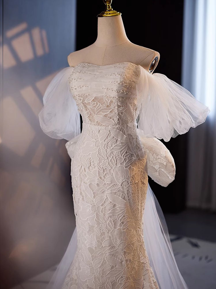 Sexy Mermaid Wedding Dresses Lace Bridal Gowns Strapless Lace-up Back Big Bow