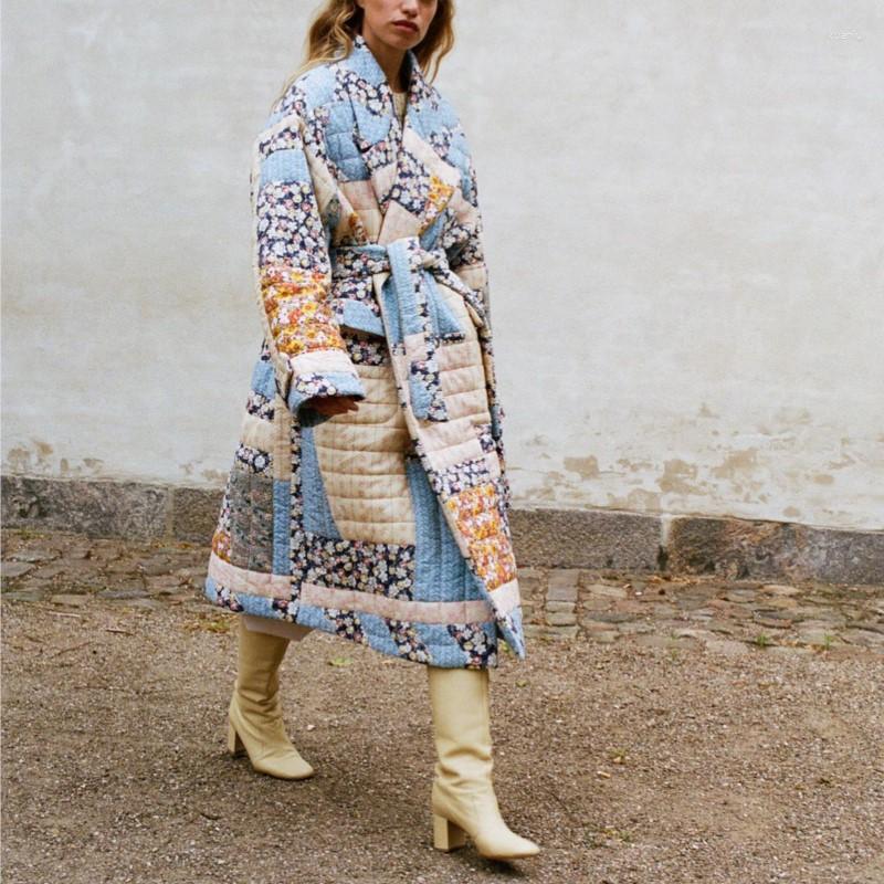 Womens Trench Coats Printed Floral Long Cotton Coat Women With Belt Thicken Warm Jacket Winter Fashion Female Sleeve Street Outwears