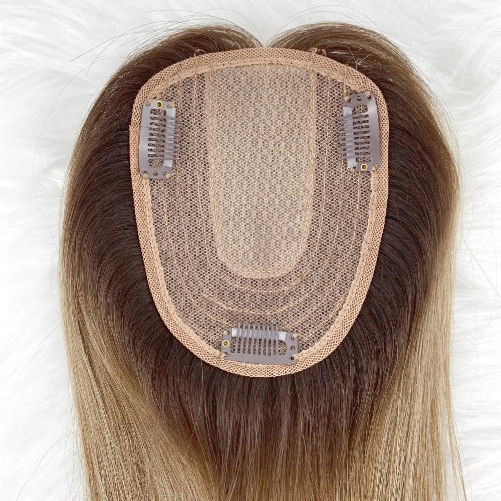 Bangs Brown Blonde Ombre Remy Human Hair Women Topper With Fringe #460 Two Tone Fine Hair Pieces Overlay Air Bangs 14inch 4X5.5inch 231006