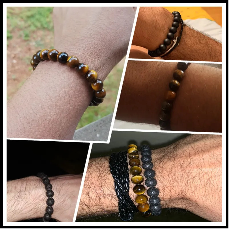 Charm Bracelets 8mm Tiger Eye Stone Beads Bracelet Adjustable Braided Rope Bangles Natural Lava Rock Men Women Yoga Healing Balance 231006