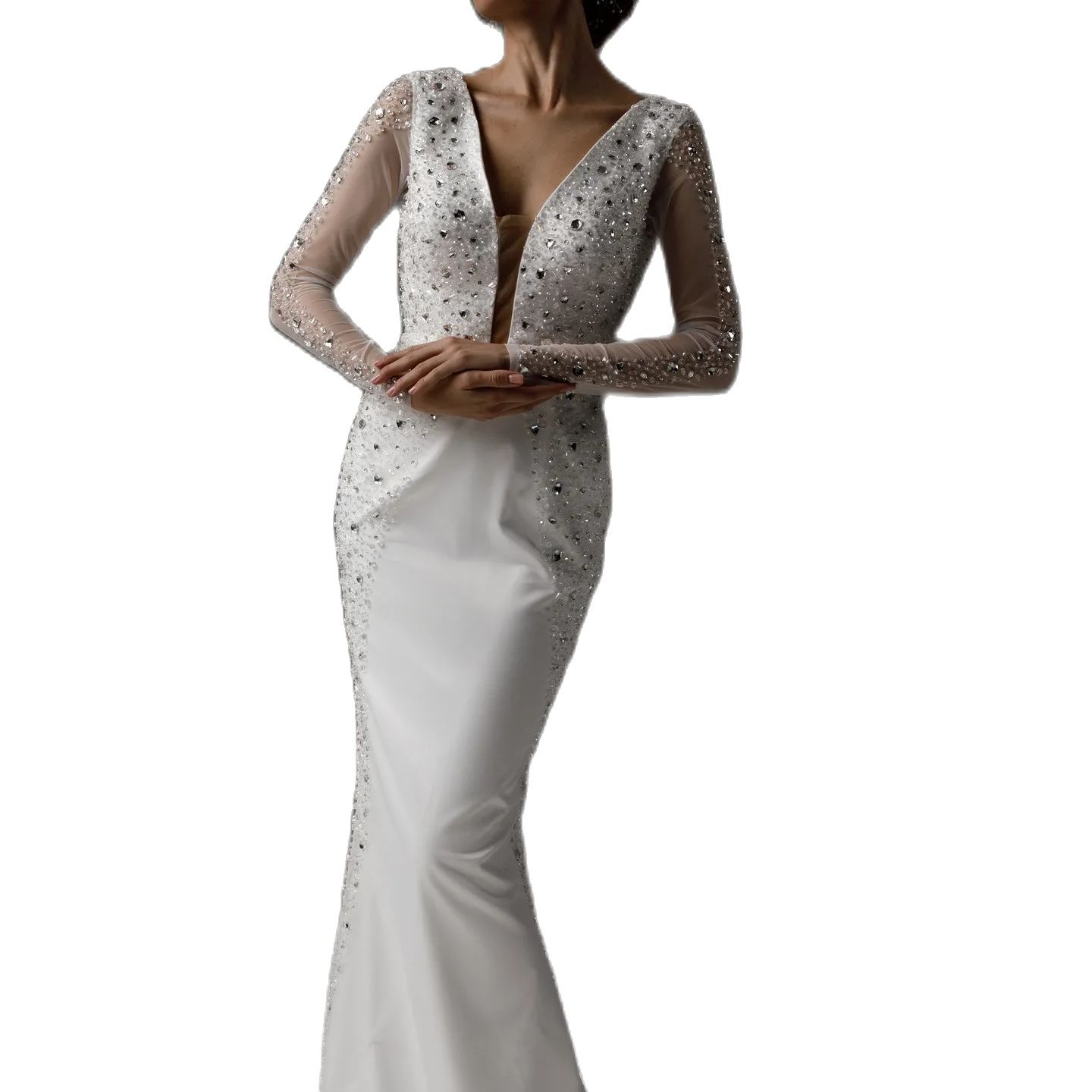 America Mermaid Wedding Dresses V Neck Crystal Beaded Long Sleeve Wedding Dress Sexy Backless Floor Length Bridal Gowns