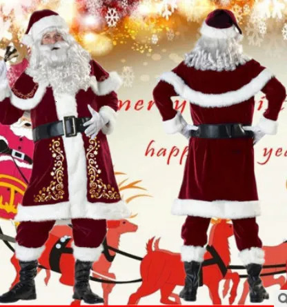 Christmas Decorations Deluxe Velvet Christmas Santa Claus Suit Adult Mens Costume gloves shawlhatTopsbeltFoot covergloves Cosplay High Quality 231006