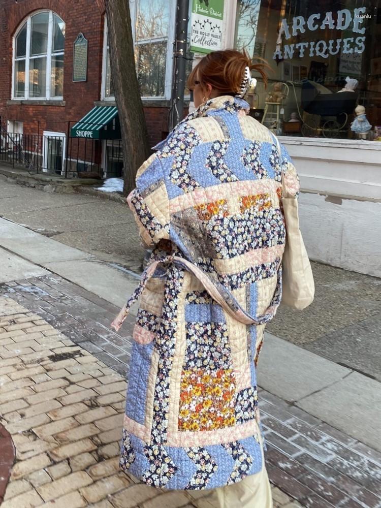 Womens Trench Coats Printed Floral Long Cotton Coat Women With Belt Thicken Warm Jacket Winter Fashion Female Sleeve Street Outwears
