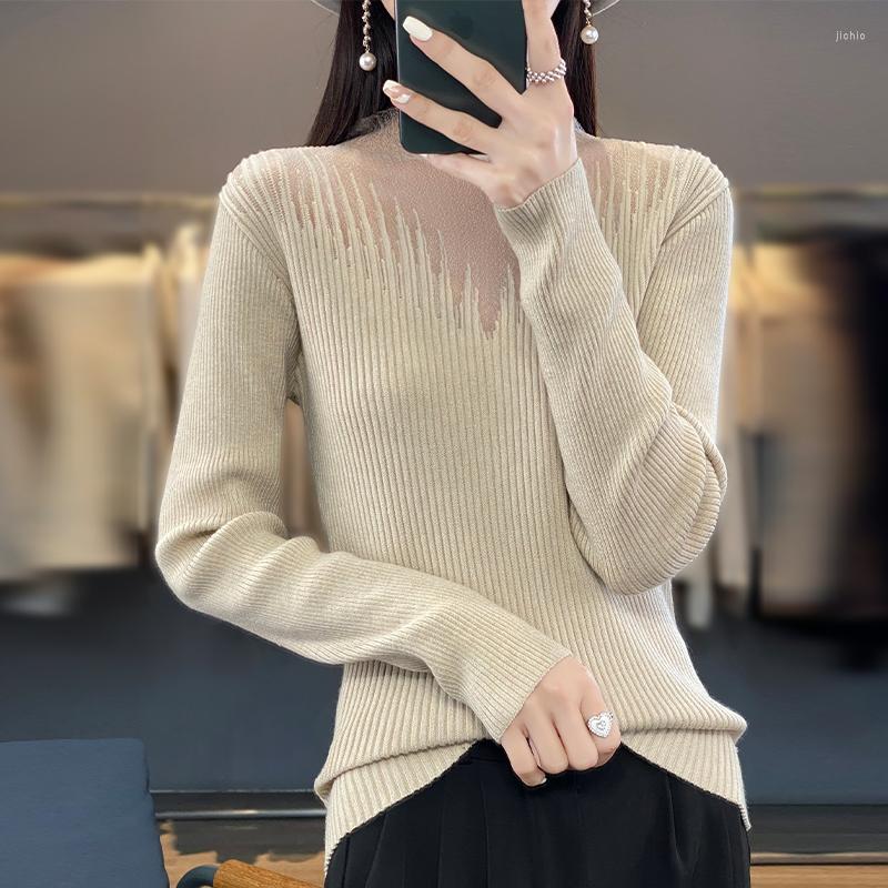 Womens Sweaters Commuter Semi-Turtleneck Worsted Wool Sweater Autumn And Winter Lace Mesh Stitching Slim Bottoming Shirt Top