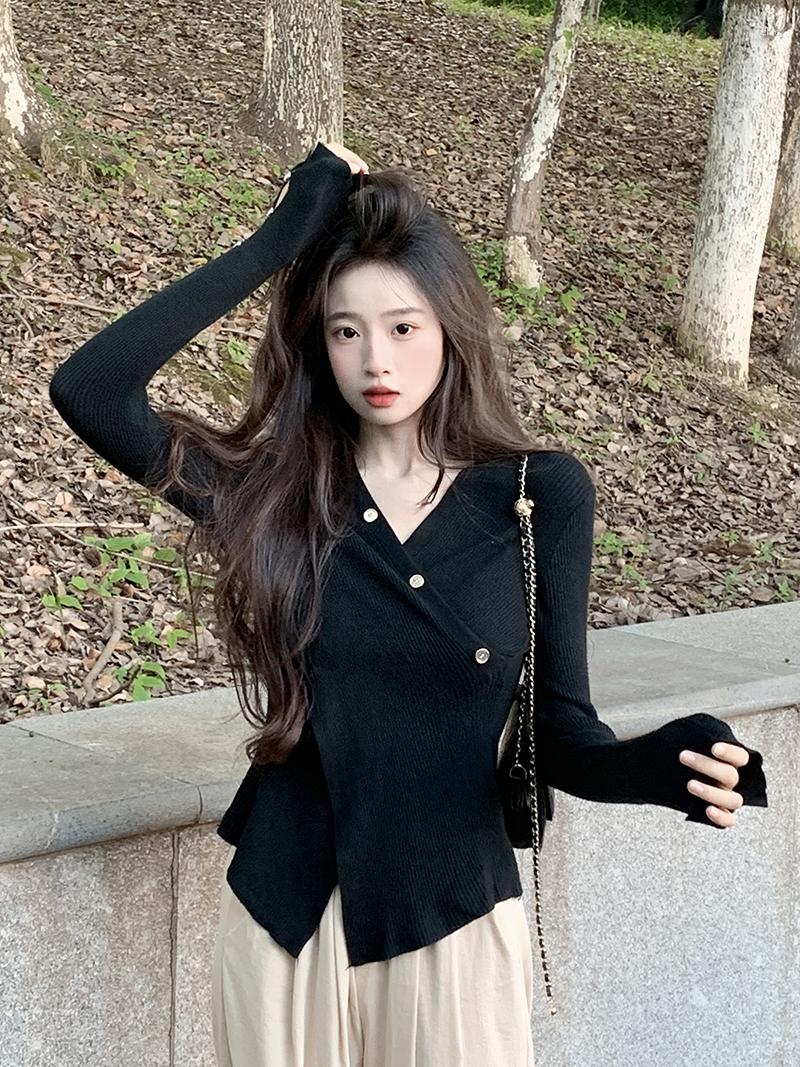Womens Sweaters 2024 Autumn Korean Fashion V-Neck Long Sleeve Knit Pullover Solid Color Temperament Slim Casual Top