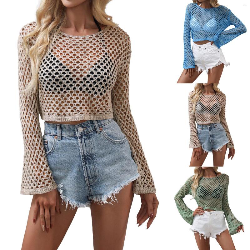 Womens Sweaters Ladies Knitwear Bell Sleeve Loose Round Neck Hollow Cropped Top