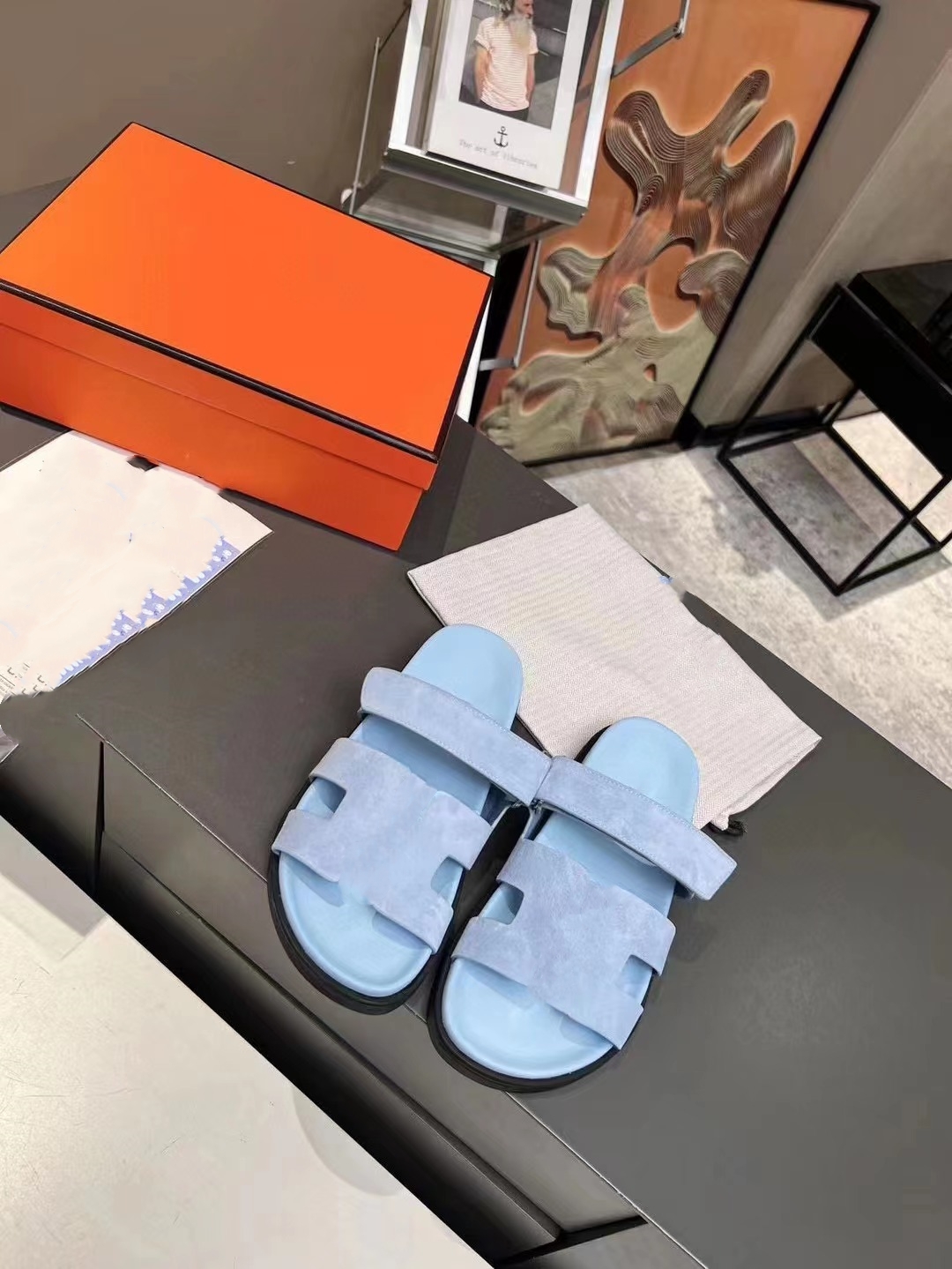 Chypre sandals Slippers real leather with box Ergonomic rubber sole and adjustable loop belt.