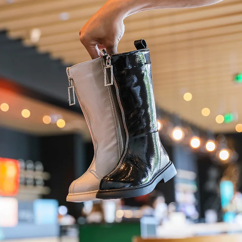 Boots Girls Long Barrel Front Zipper Warm and Non Slip Snow Children s Solid Soft Sole Flat Bottom Leather 231007