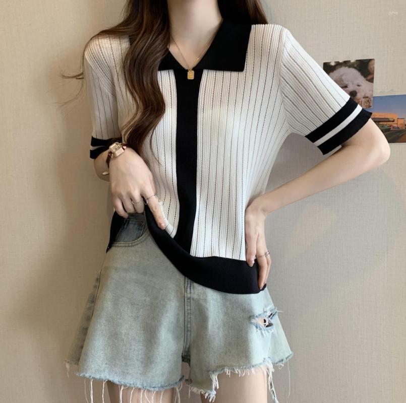 Womens Sweaters 2024 European And American Fashion Contrast Polo Neck Knit Short Sleeve Top