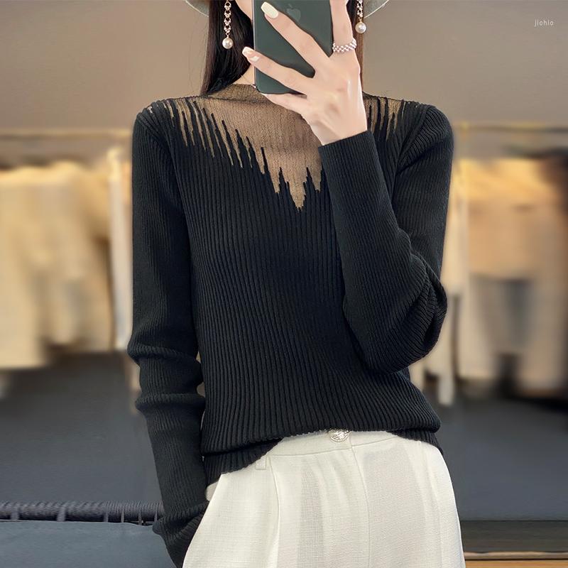 Womens Sweaters Commuter Semi-Turtleneck Worsted Wool Sweater Autumn And Winter Lace Mesh Stitching Slim Bottoming Shirt Top