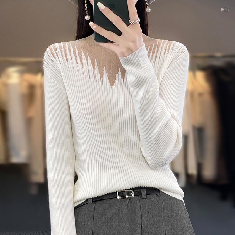 Womens Sweaters Commuter Semi-Turtleneck Worsted Wool Sweater Autumn And Winter Lace Mesh Stitching Slim Bottoming Shirt Top