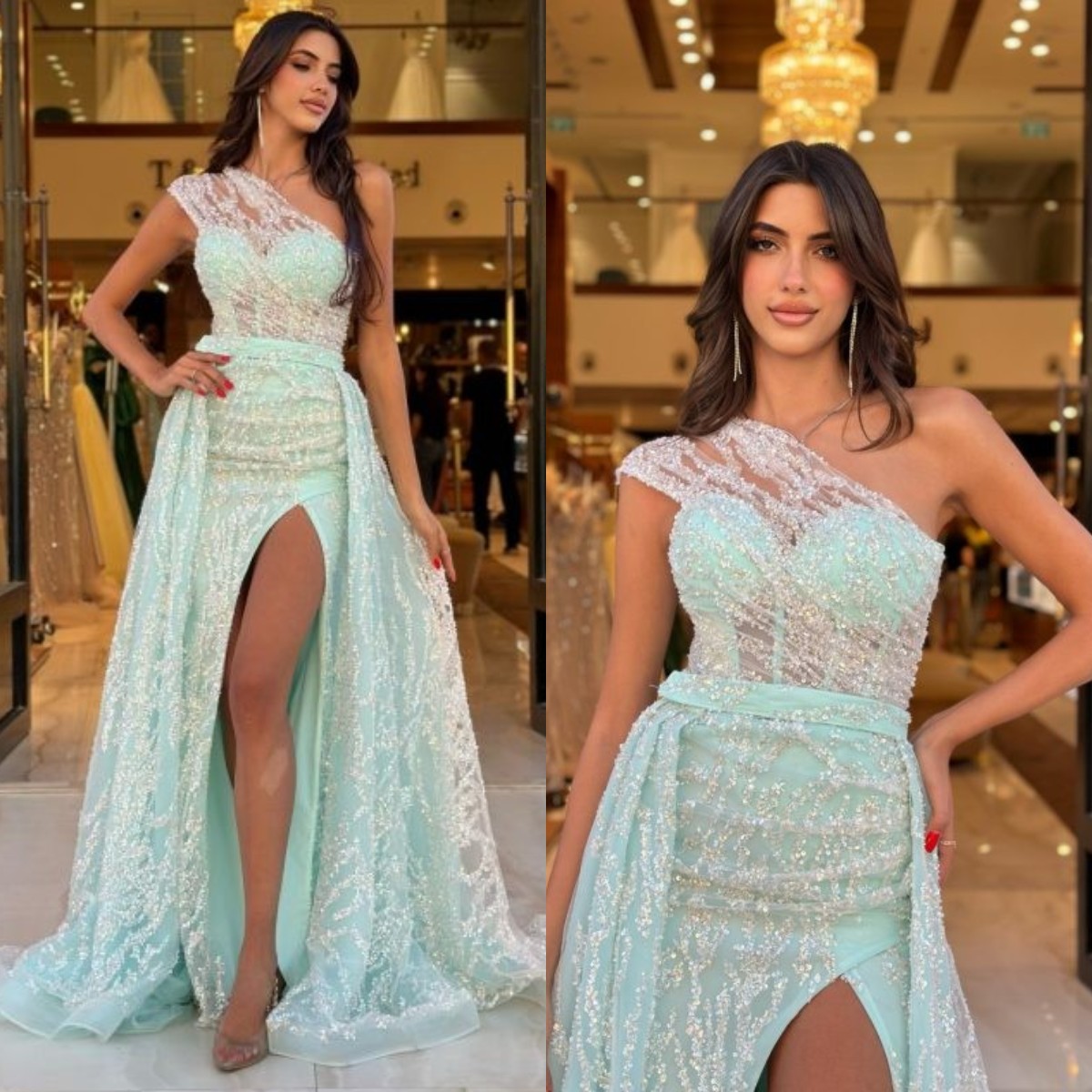 Elegant Mint Green Evening Gown Sweetheart Beads Crystal Party Prom Dresses Slit Formal Long Dress For Special Ocn Lz0304