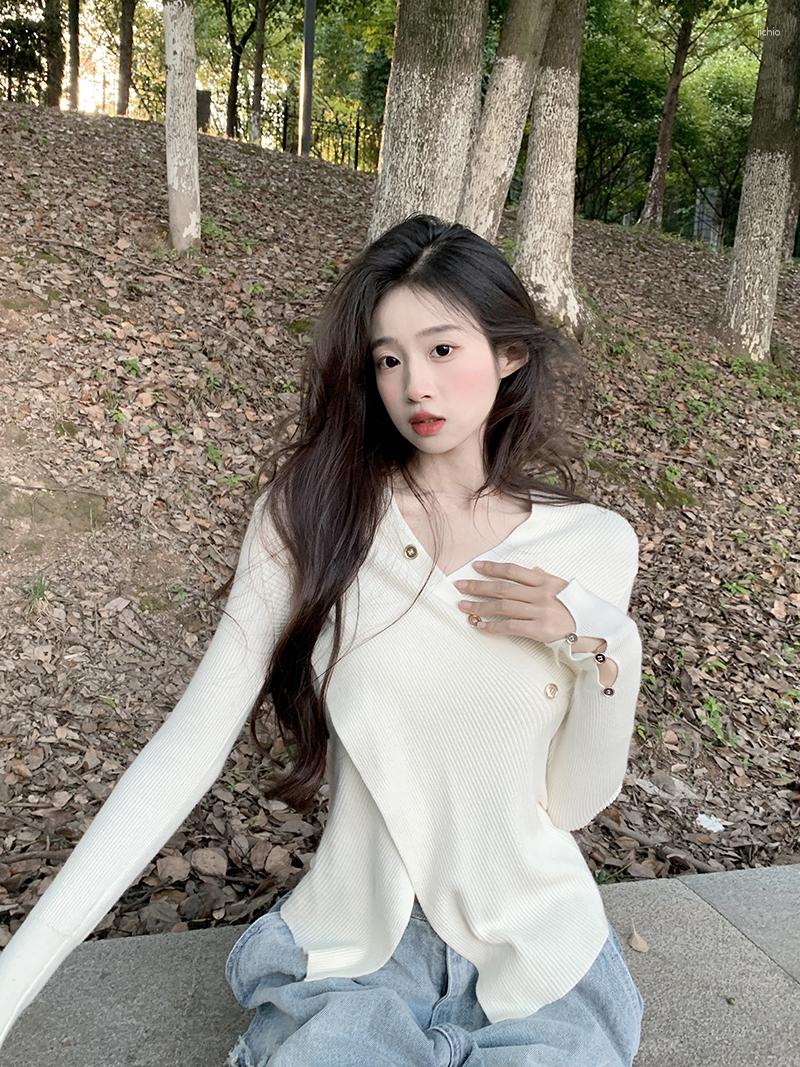 Womens Sweaters 2024 Autumn Korean Fashion V-Neck Long Sleeve Knit Pullover Solid Color Temperament Slim Casual Top