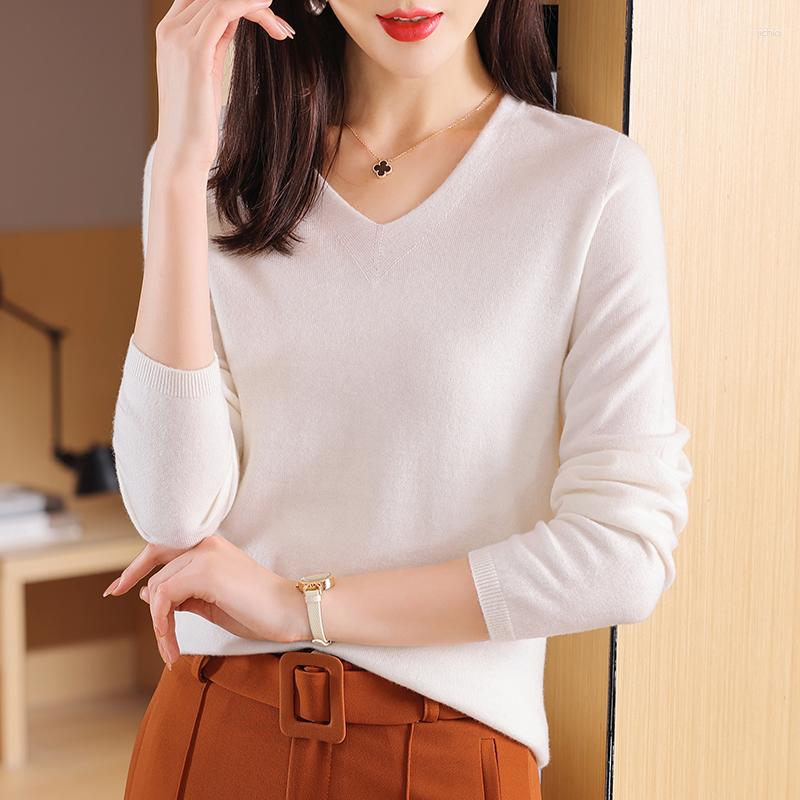 Womens Sweaters Women Wool 2023 Autumn Winter Lady V-neck Long Sleeve Pure Knitted Pullovers