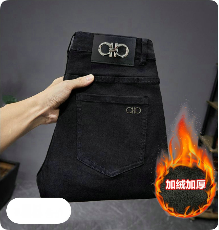 New JEANS Pants pant Men's trousers Stretch FLEECE thickening winter DDicon Embroidered close-fitting jeans cotton slacks washed straight busines