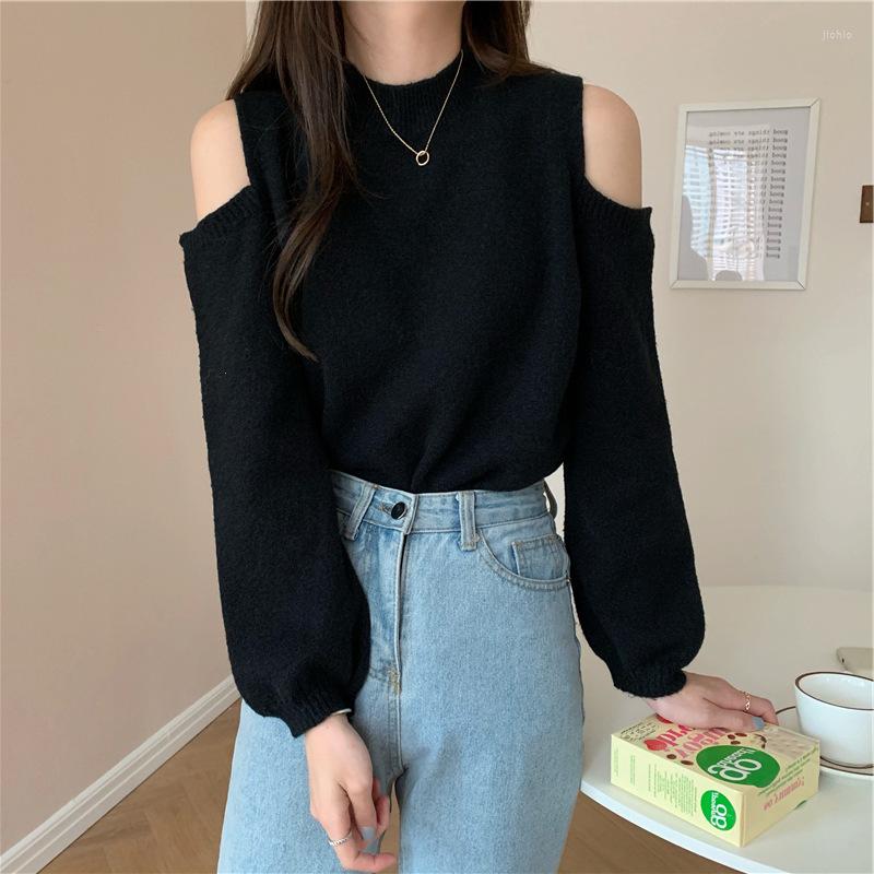 Womens Sweaters Solid Color Knitted Top Off Shoulder Sweater For Women Autumn And Winter 2023 Round Neck Long Sleeve