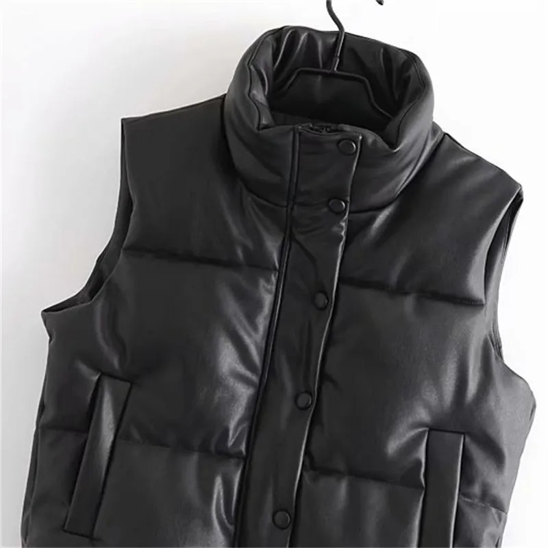 Women's Vests Fashion Streetwear Women Puffy Vest Winter Thick Parkas Jacket Black PU Female Coats Faux Leather Down Waistcoat Loose Lady Vest 23