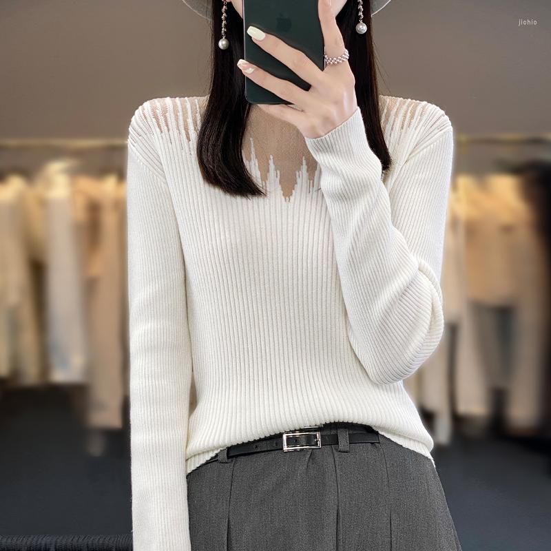 Womens Sweaters Commuter Semi-Turtleneck Worsted Wool Sweater Autumn And Winter Lace Mesh Stitching Slim Bottoming Shirt Top