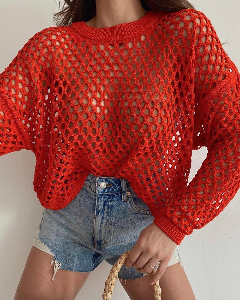 Womens Sweaters Crew Neck Long Flare Sleeve Pullover Knitwear Y2k Solid Knitted Crop Top Summer Fishnet Hollow Out Smock Crochet Sweater