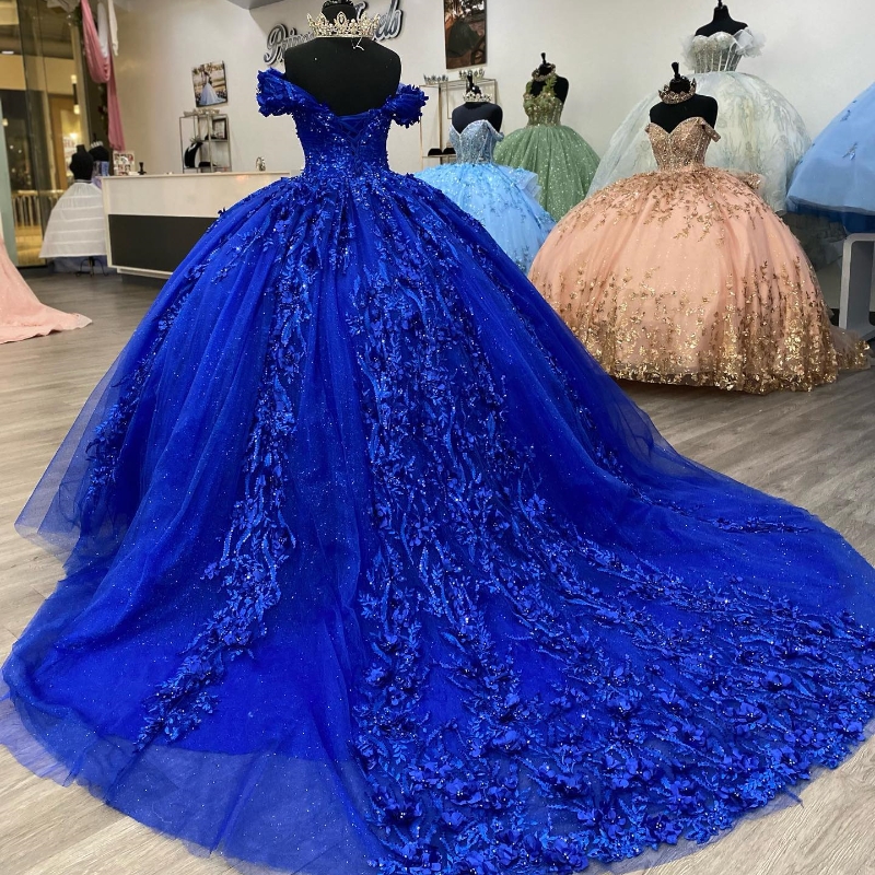 Blue Shiny V-Neck Crystal Beading Appliques Quinceanera Dresses Ball Gown Off The Shoulder Corset Vestidos De 15 Anos