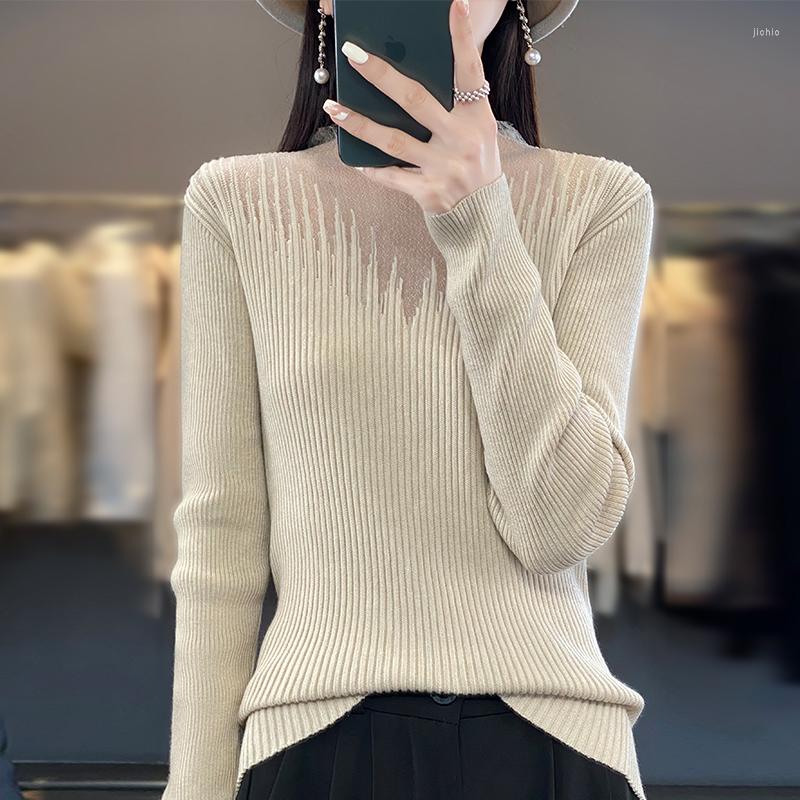 Womens Sweaters Commuter Semi-Turtleneck Worsted Wool Sweater Autumn And Winter Lace Mesh Stitching Slim Bottoming Shirt Top