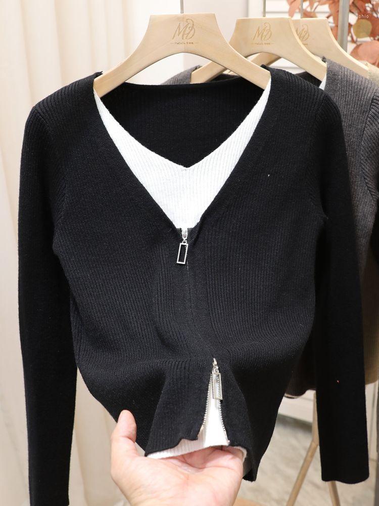 Womens Sweaters Women Connected V-neck Knitting Pullovers Girls One-Piece Full Sleeve Knitwear Clothing Femme Casual Jumpers