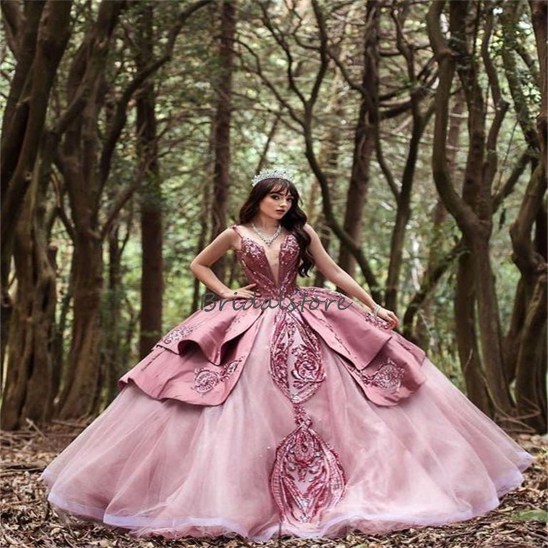Luxury Pink Vestidos De 15 Quinceanera Dress 2024 Princess Sequin Ball Gown Sweet 15 Birthday Dress Glitter Xv Charro Prom Gowns Vestidos 16 Debutante