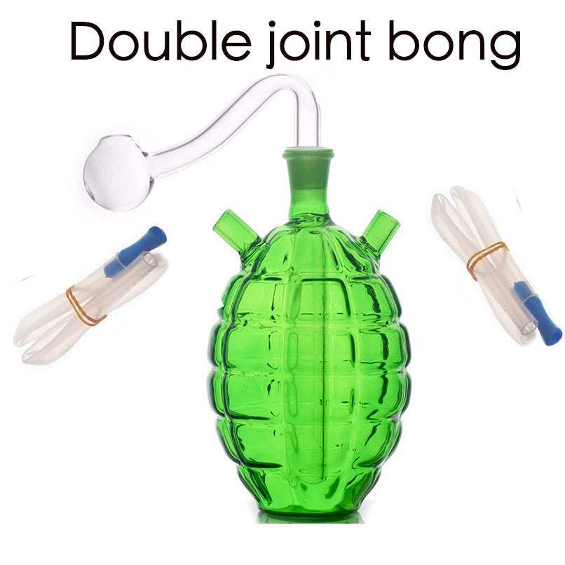 Wholesale Mini antitank grenade Hookah Green Colorful Double Use glass oil burner dab rig bong with two silicone hose and 10mm male smoking bowl