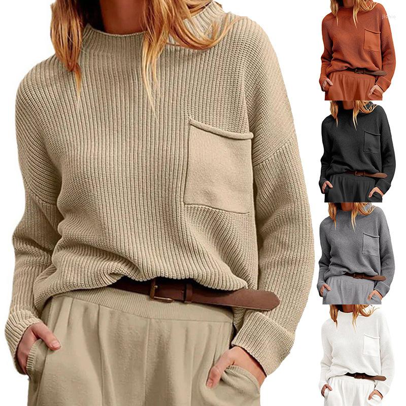 Womens Sweaters 2023 Autumn And Winter Round Neck Long Sleeve Top Pocket Knitwear Lazy Style Pullover Casual Lady Clothing
