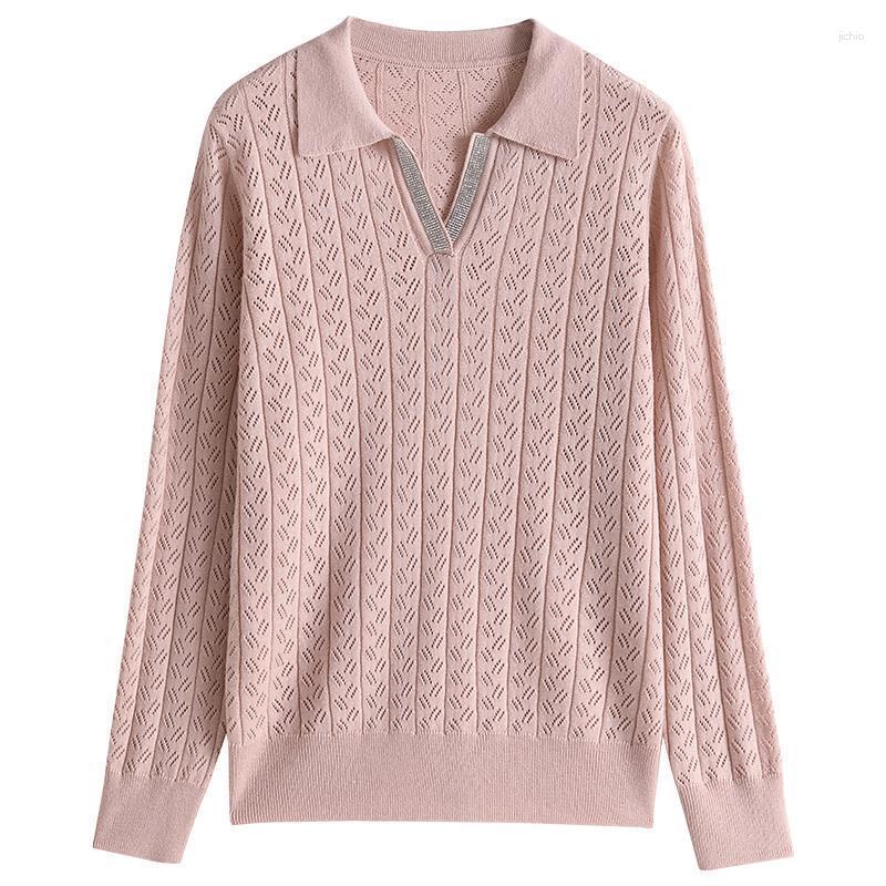 Womens Sweaters Spring Autumn Office Lady Solid Color Turn-down Collar All-match Basic Long Sleeve Hollow Out Jumpers Clothing