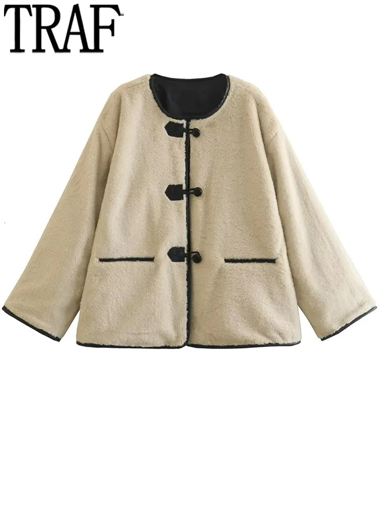 Women's Jackets TRAF Faux Fur Coat Women Faux Leather Button Fluffy Jacket For Women Warm Winter Jackets Woman Fall Streetwear Women's Coat 