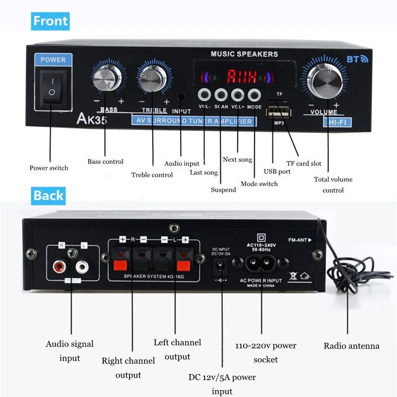 Karaok Player AK35 G919H 1000W Home Car Power Amplifiers 2 Channel Bluetooth Surround Sound FM USB Remote Control Mini HIFI Digital Stereo Amp 231007