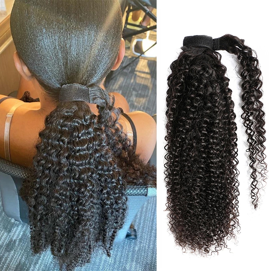 Afro Kinky Curly Drawstring Ponytail Mongolian Kinky Curly Wrap Around Ponytail 4B 4C Remy Hair Extensions Human Hair pony tail hairpiece 120g jet bla