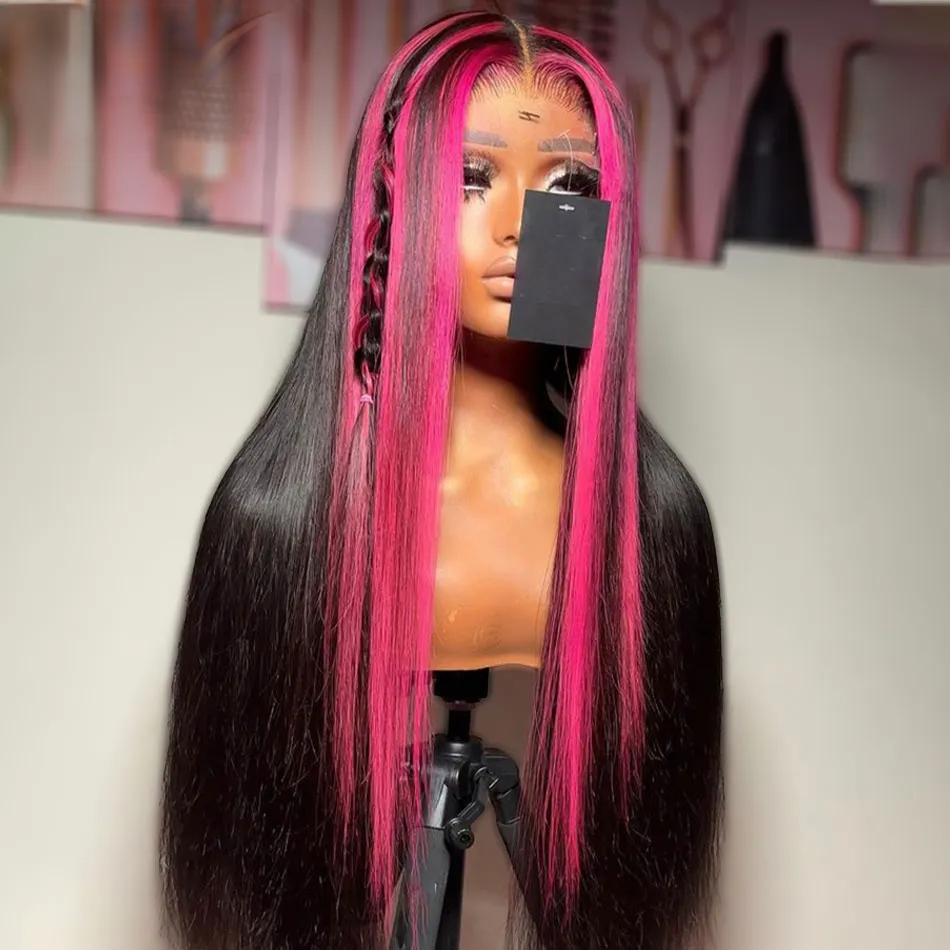 Brazilian Pink Highlight Colored Wig 360 Lace Front Human Hair Wigs HD Transparent Lace Frontal Wig Long Straight Synthetic Wig For Women