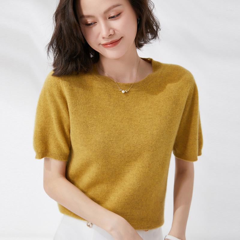 Womens Sweaters Pullover Spring/Summer Wool Sweater Short Sleeve Casual Solid Color Round Neck T-Shirt Ladies Top