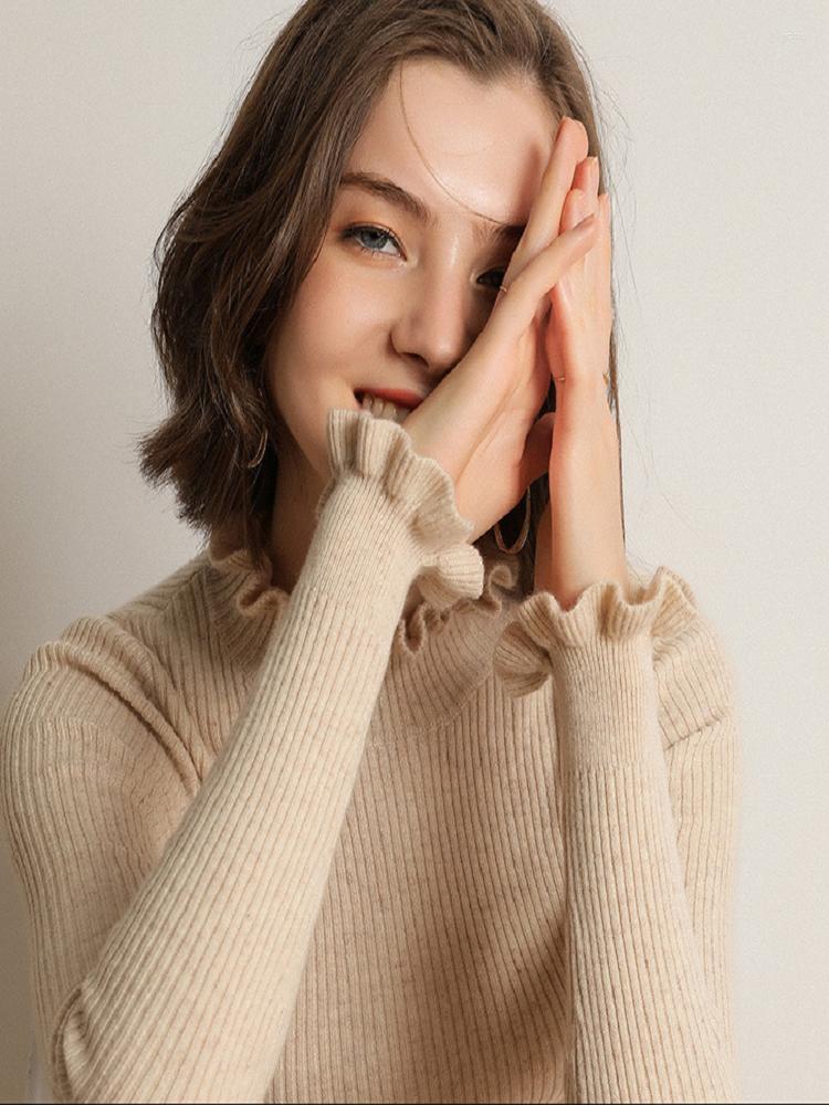 Womens Sweaters 2024 Autumn/Winter Sweater Knitwear Female Lace Sleeve Lotus Leaf Collar Wood Ear Bottoming Shirt Temperament Slim