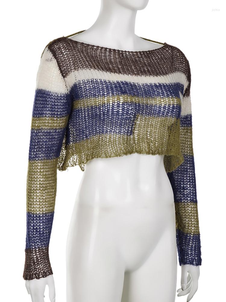 Womens Sweaters Distressed Crochet Sweater Grunge Striped Print Loose Smock Casual Streetwear Knitted Jumpers Women Fashion Pullover
