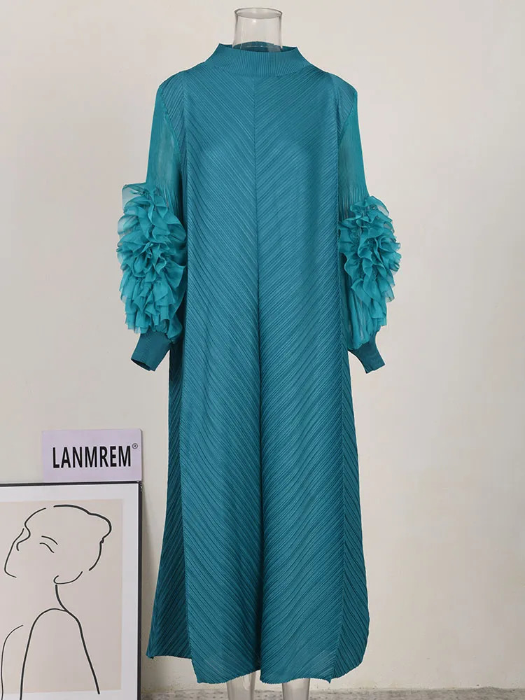 Basic Casual Dresses LANMREM Oversize Pleated Dress Round Neck Spliced Fungus Full Sleeve Long Dresses For Women Spring Clothes 2Q1331 231007